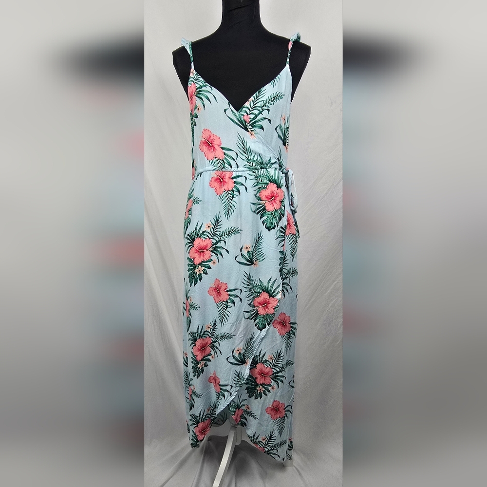 Guess Tropical Vacation Ruffled Faux Wrap High Low Midi Dress Women's sz M